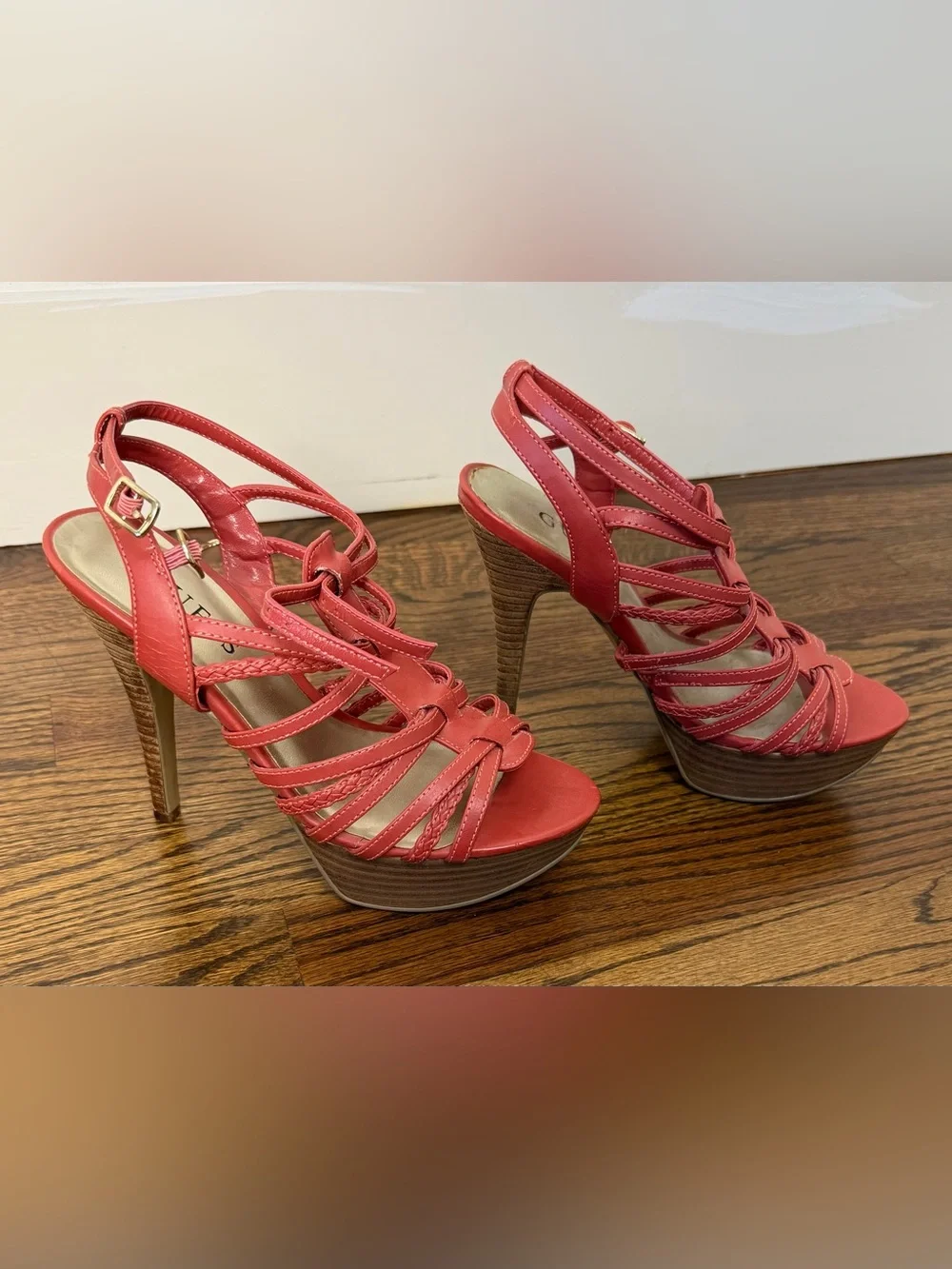 GUESS Coral Red Strappy Platform Heels